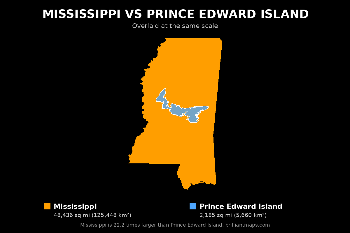 Mississippi vs Prince Edward Island Size Comparison Map