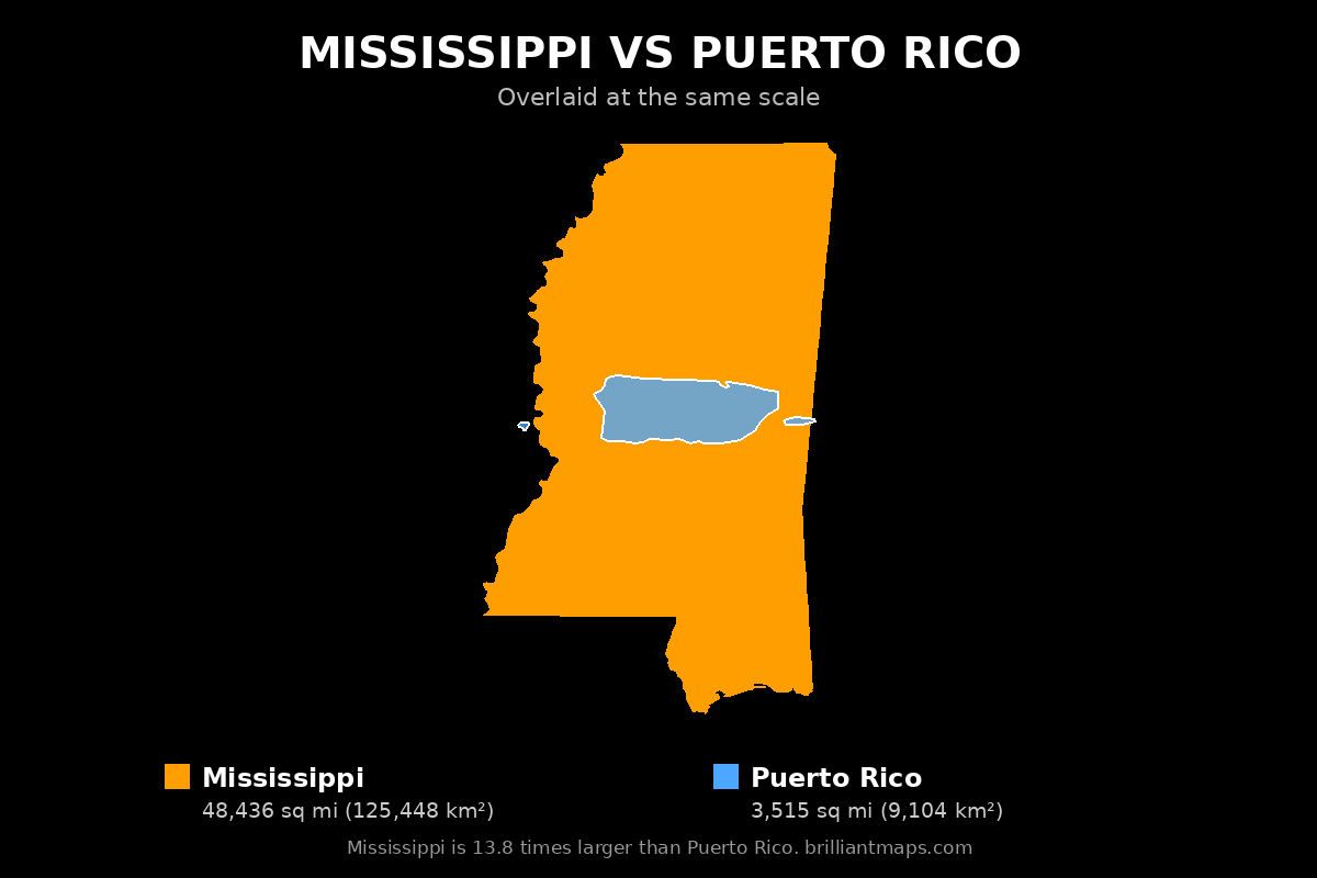 Mississippi vs Puerto Rico Size Comparison Map