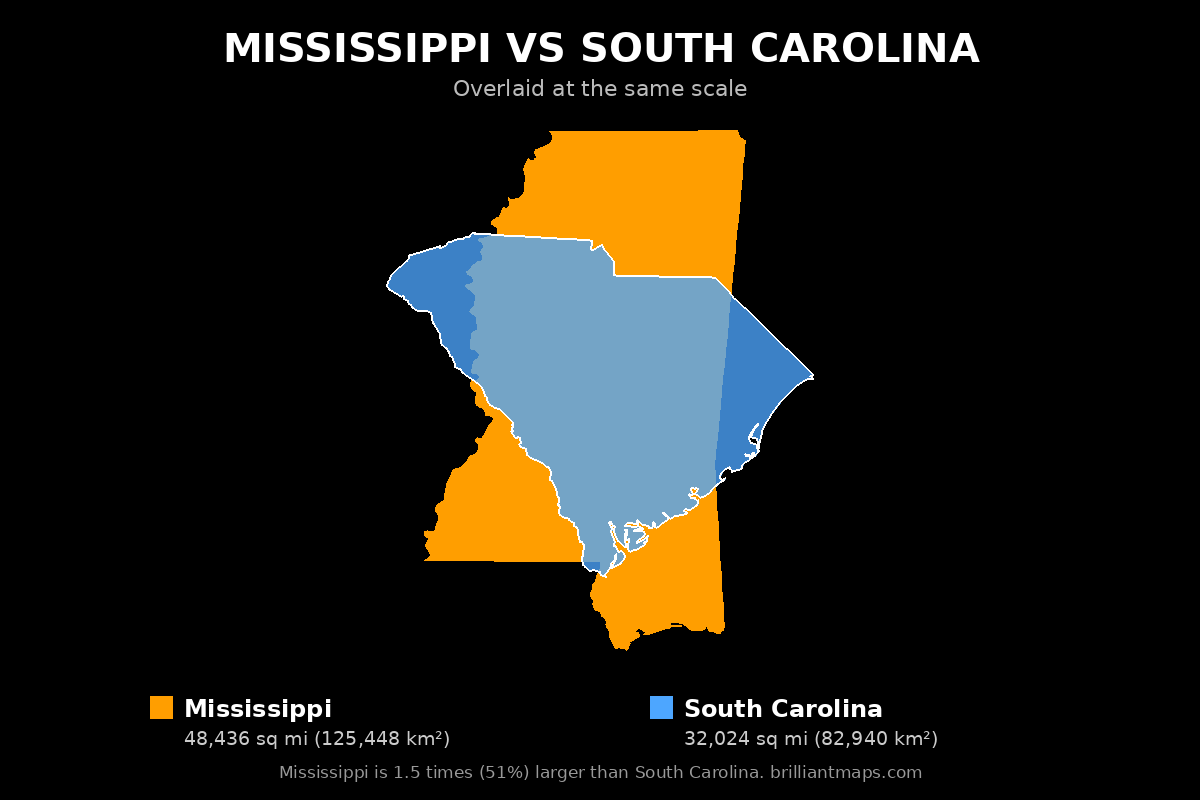 Mississippi vs South Carolina Size Comparison Map