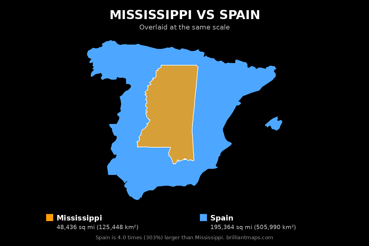 Mississippi vs Spain Size Comparison Map