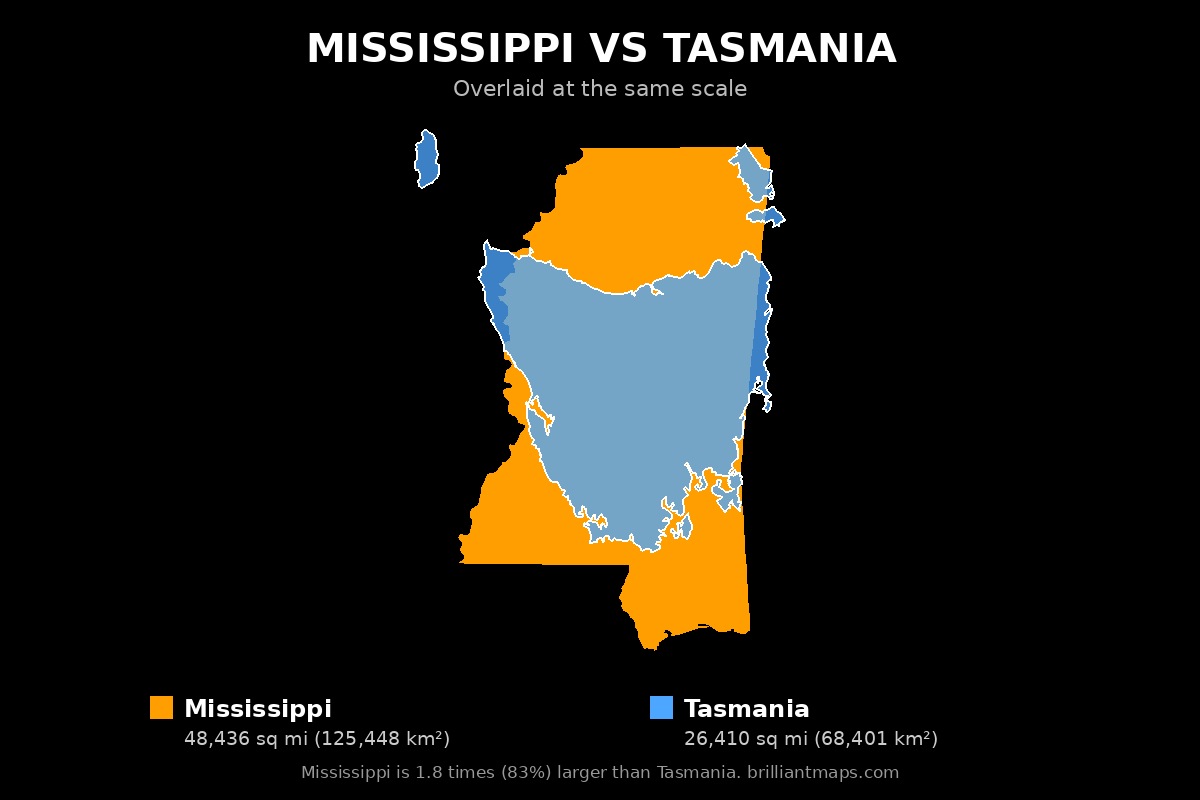 Mississippi vs Tasmania Size Comparison Map