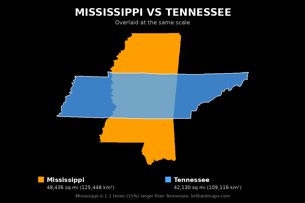 Mississippi vs Tennessee Size Comparison Map