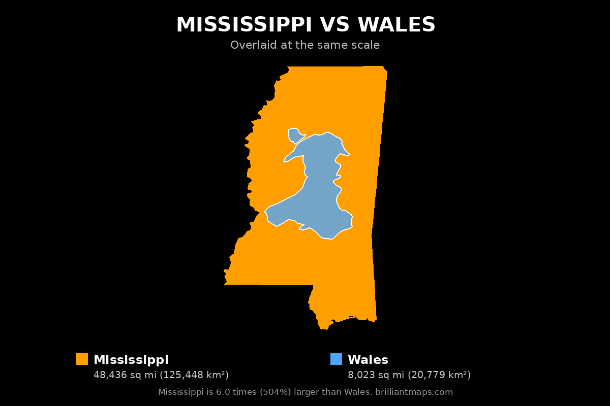 Mississippi vs Wales Size Comparison Map