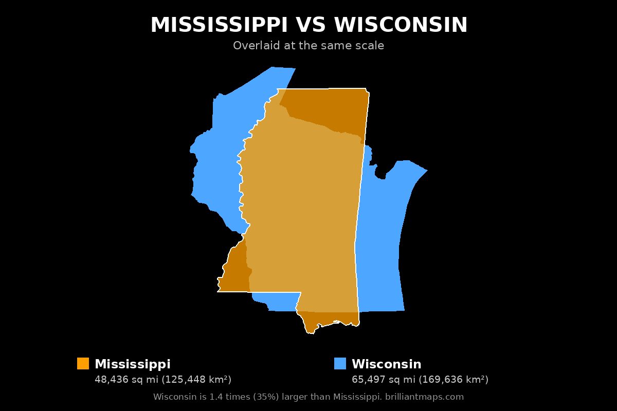Mississippi vs Wisconsin Size Comparison Map