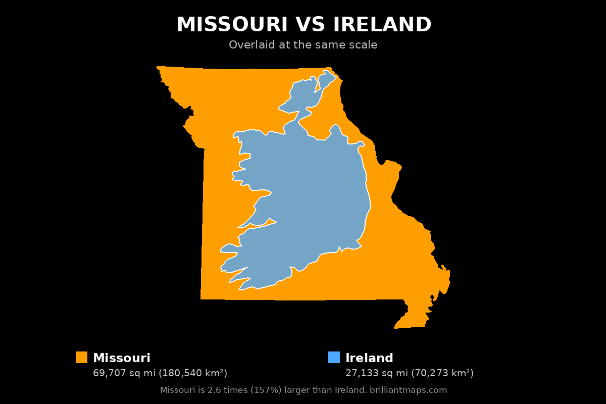 Missouri vs Ireland Size Comparison Map