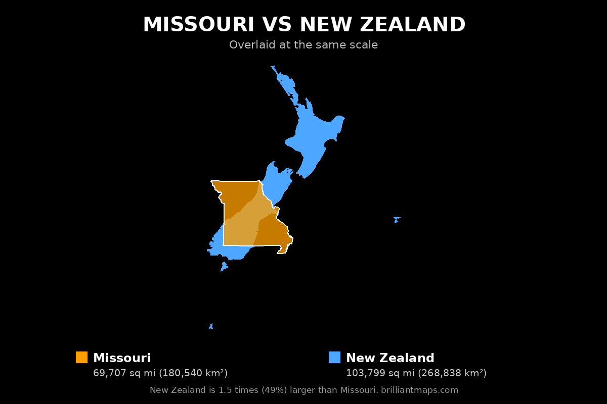 Missouri vs New Zealand Size Comparison Map