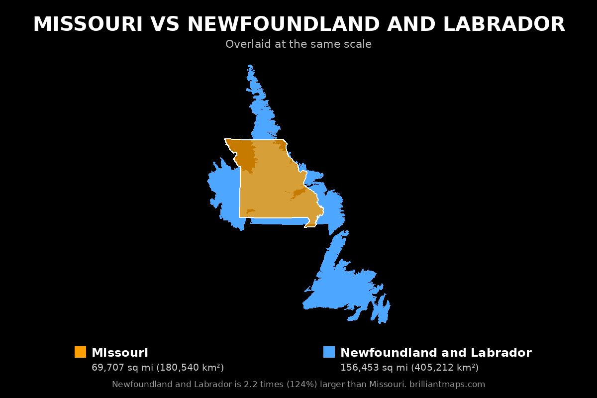 Missouri vs Newfoundland and Labrador Size Comparison Map