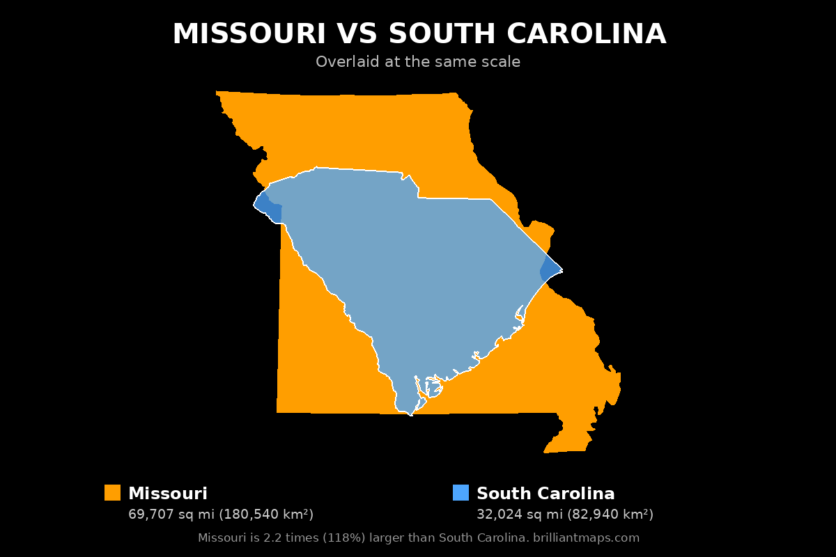 Missouri vs South Carolina Size Comparison Map