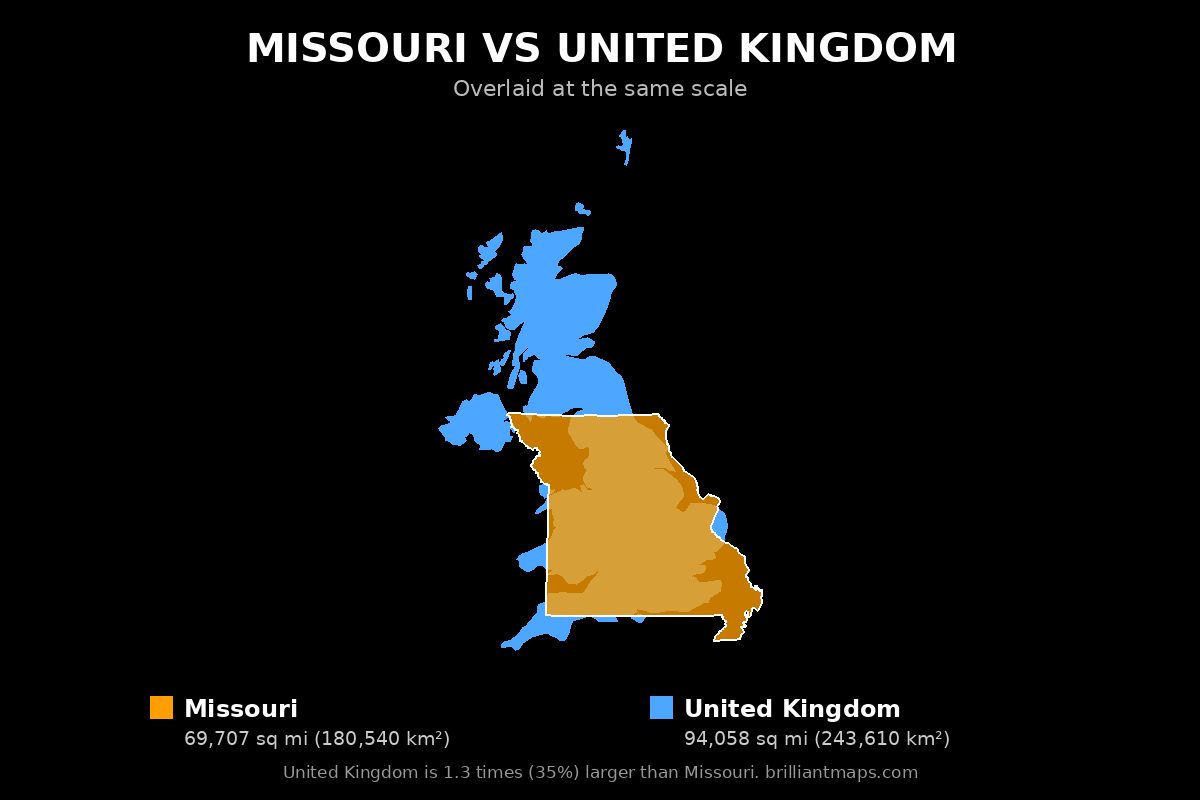Missouri vs United Kingdom Size Comparison Map