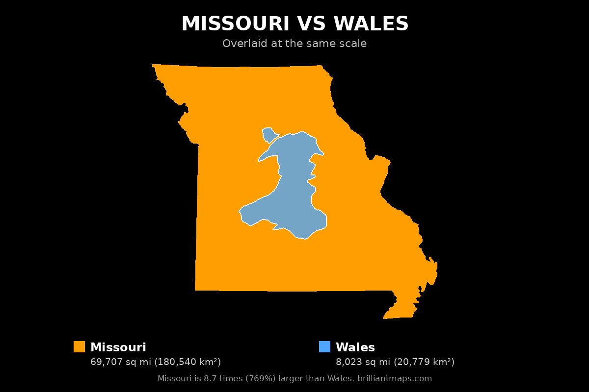 Missouri vs Wales Size Comparison Map