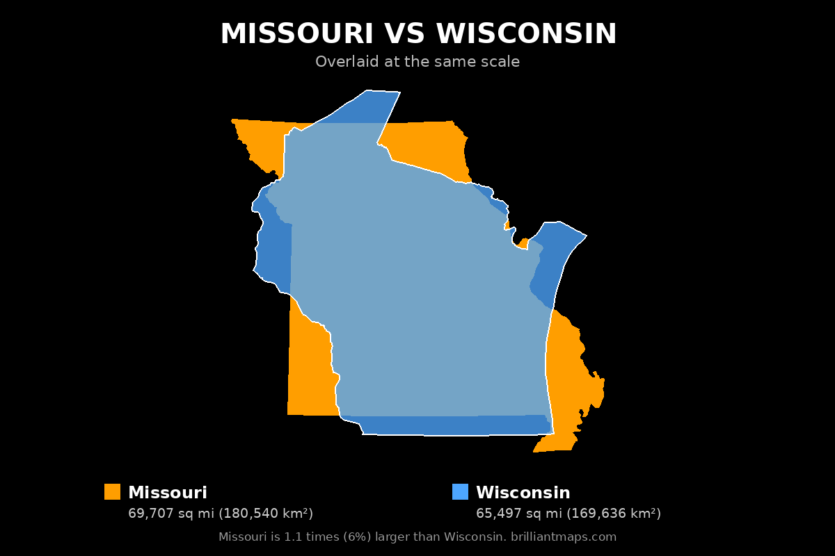 Missouri vs Wisconsin Size Comparison Map