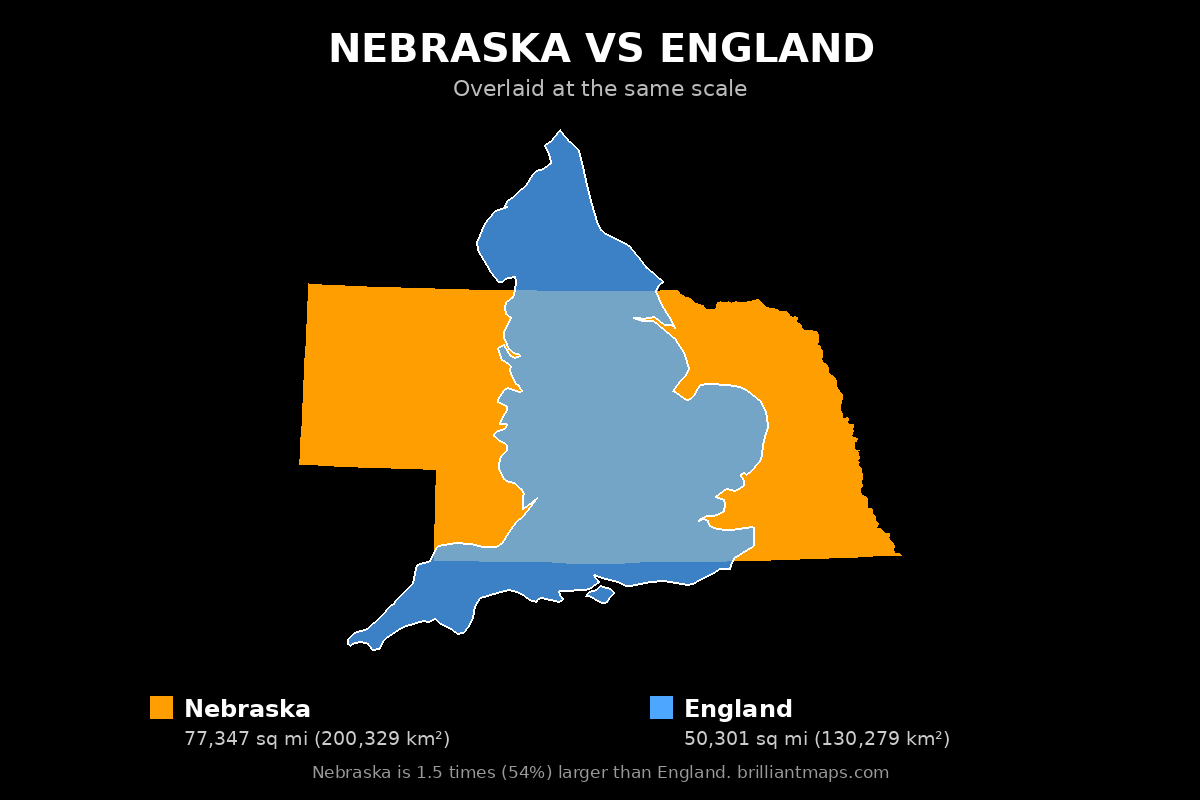 Nebraska vs England Size Comparison Map