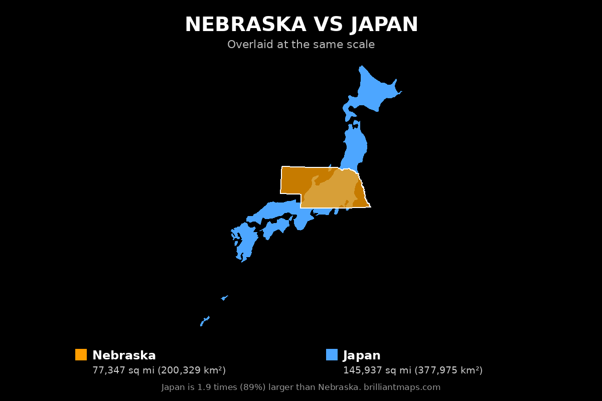 Nebraska vs Japan Size Comparison Map