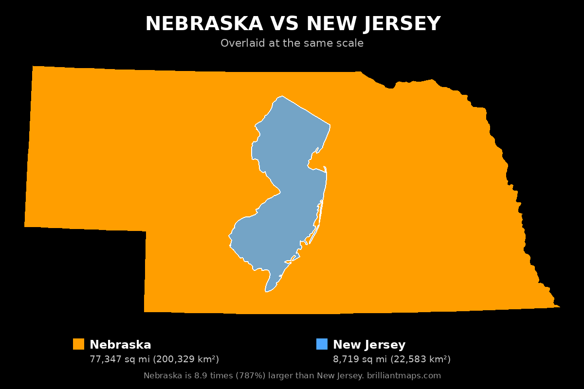 Nebraska vs New Jersey Size Comparison Map