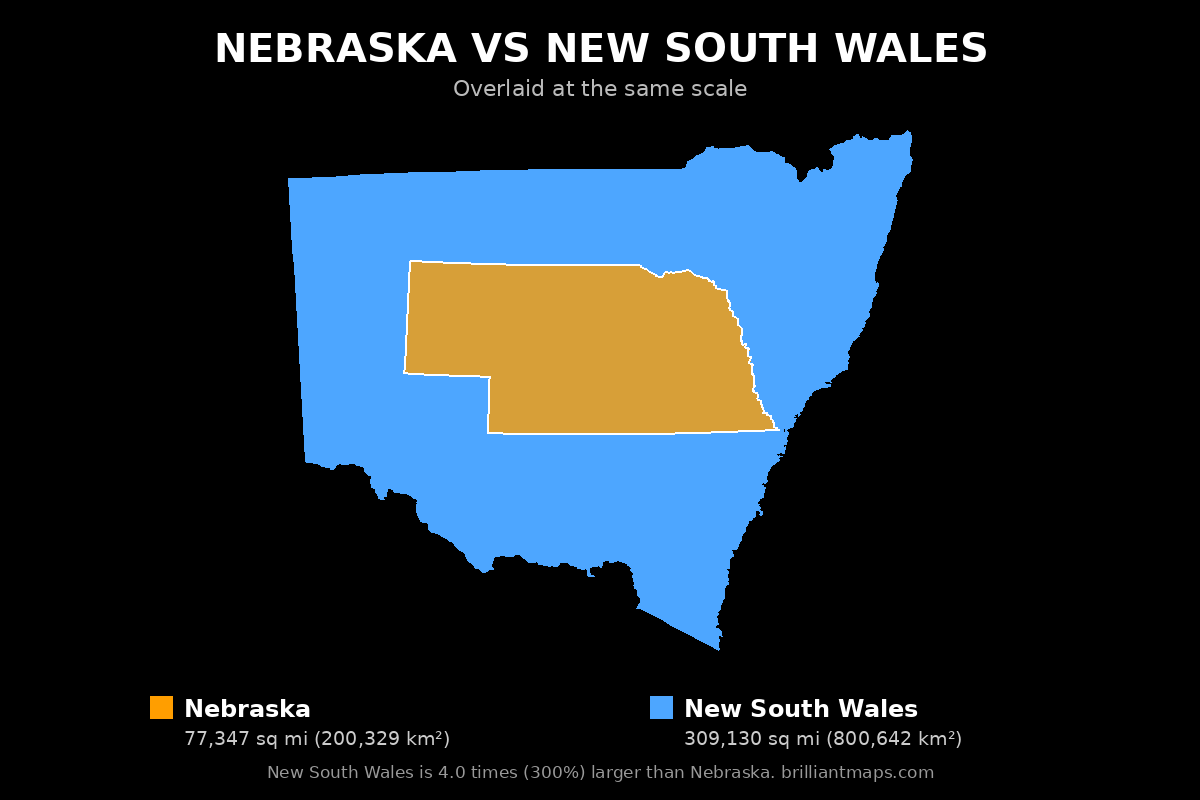 Nebraska vs New South Wales Size Comparison Map