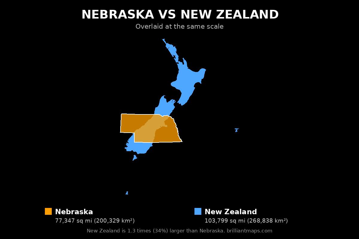 Nebraska vs New Zealand Size Comparison Map