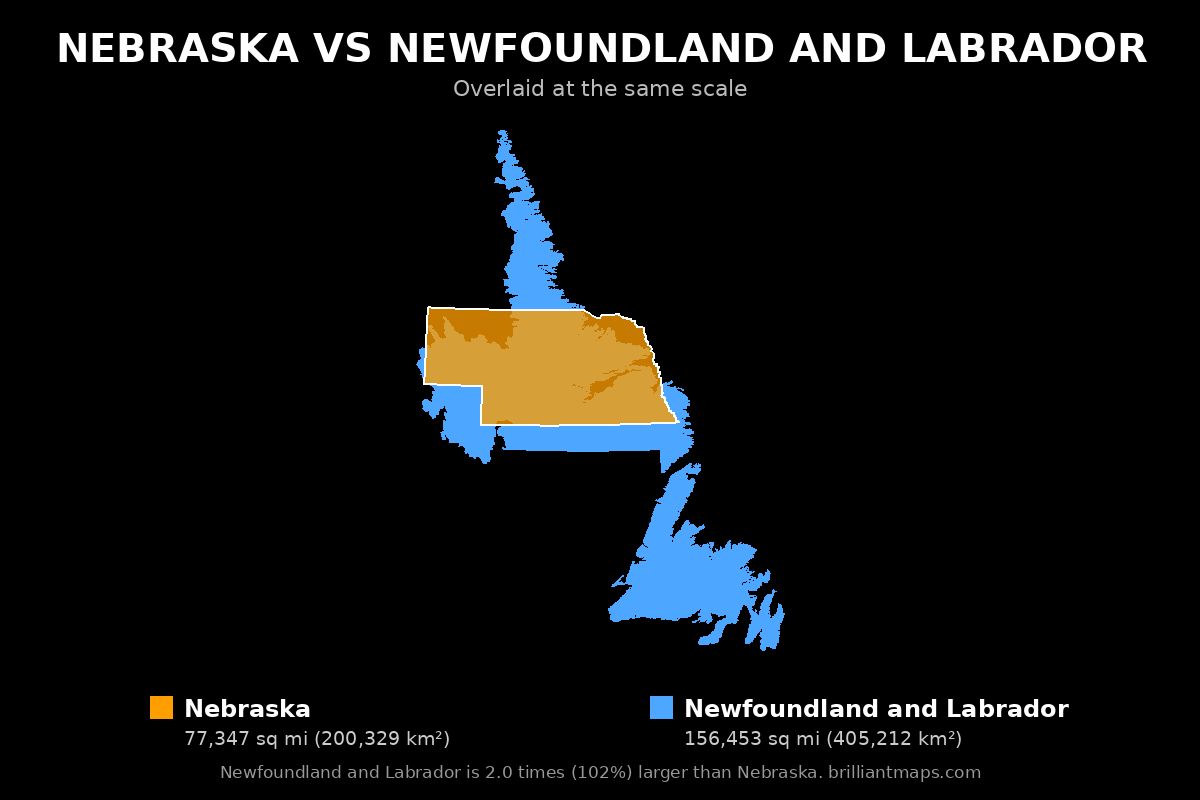 Nebraska vs Newfoundland and Labrador Size Comparison Map