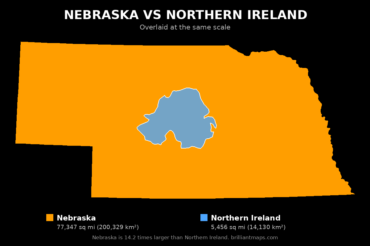 Nebraska vs Northern Ireland Size Comparison Map