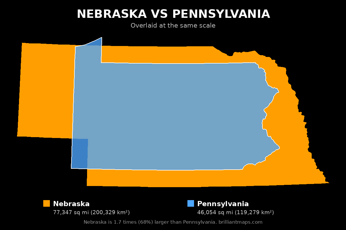 Nebraska vs Pennsylvania Size Comparison Map