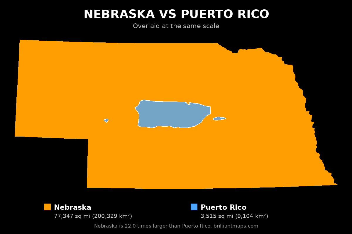Nebraska vs Puerto Rico Size Comparison Map