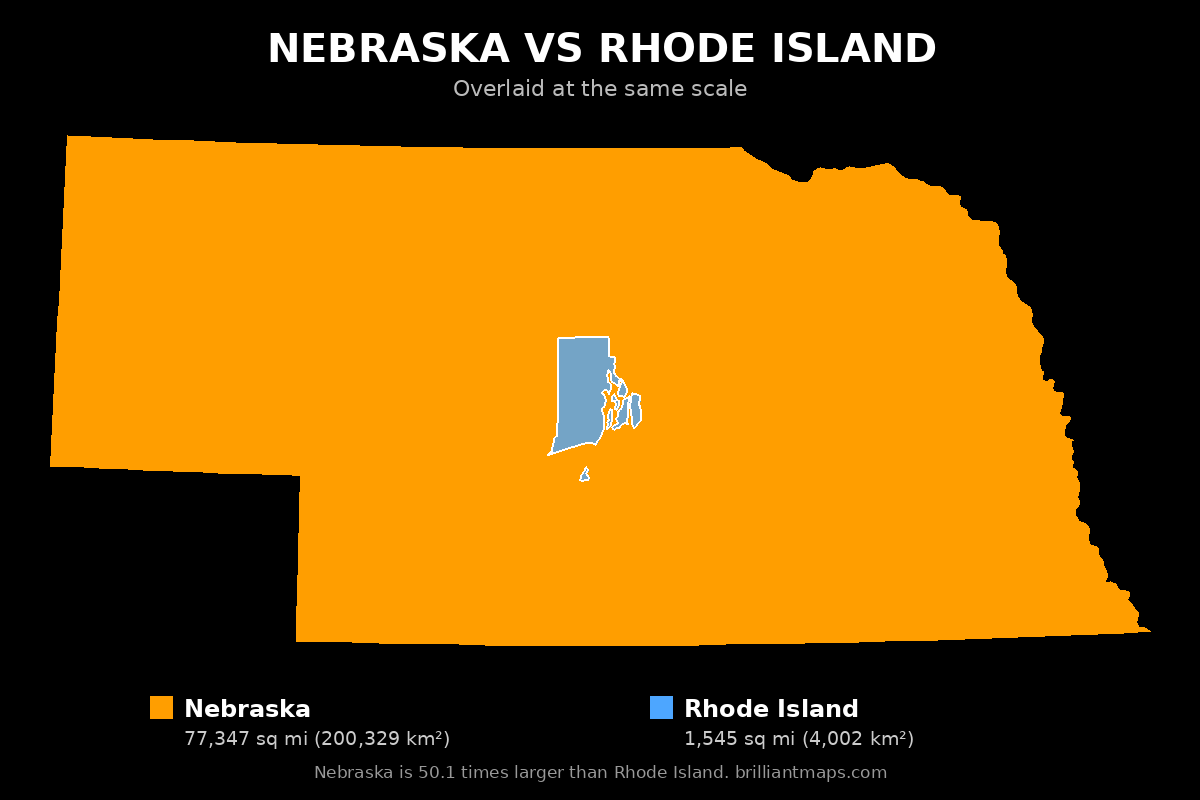 Nebraska vs Rhode Island Size Comparison Map