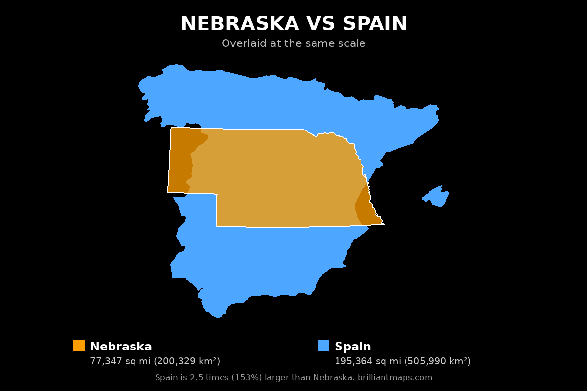 Nebraska vs Spain Size Comparison Map
