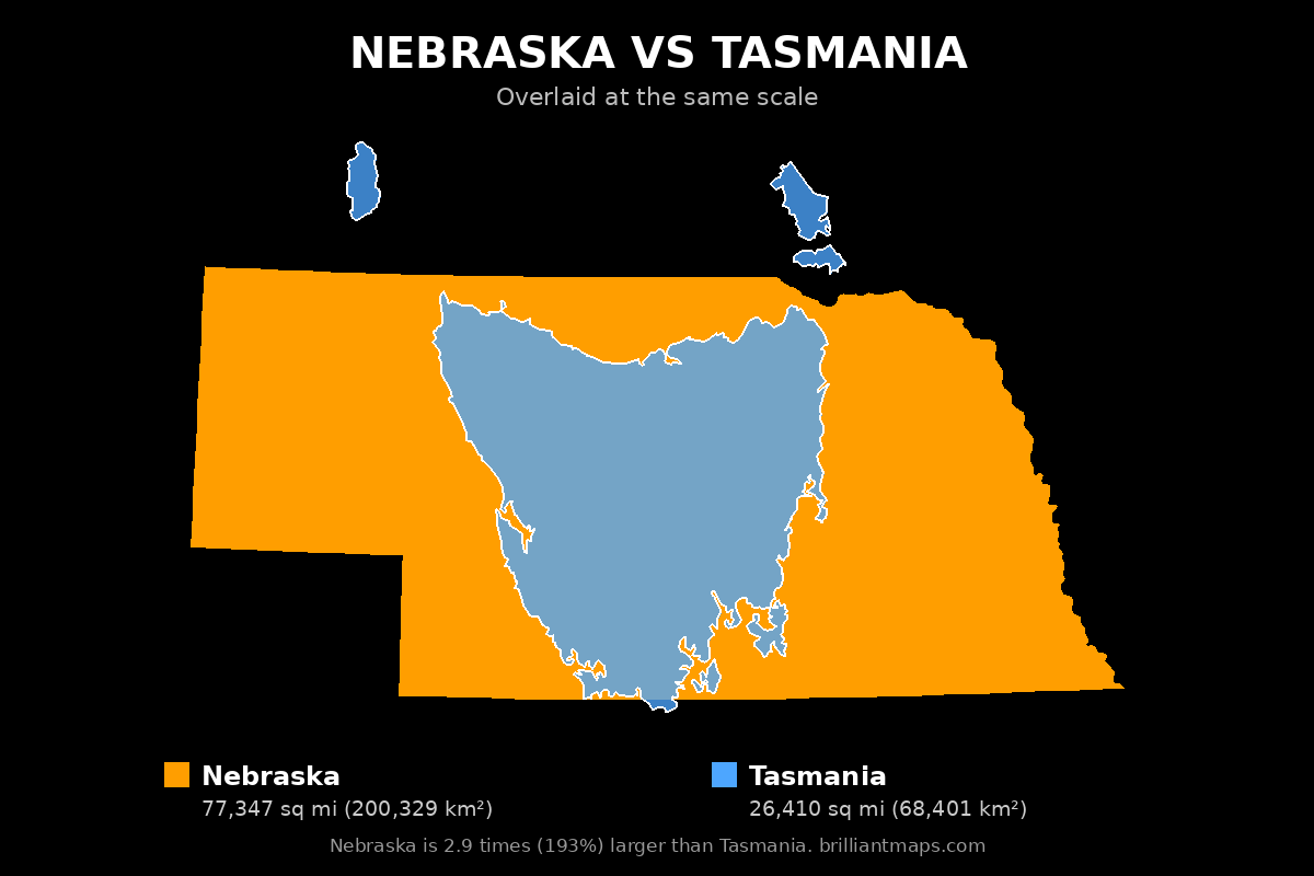 Nebraska vs Tasmania Size Comparison Map