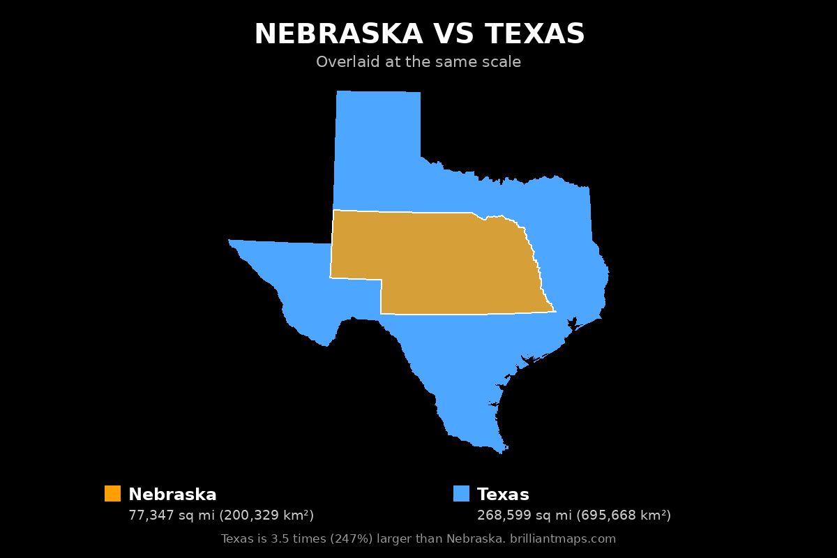 Nebraska vs Texas Size Comparison Map