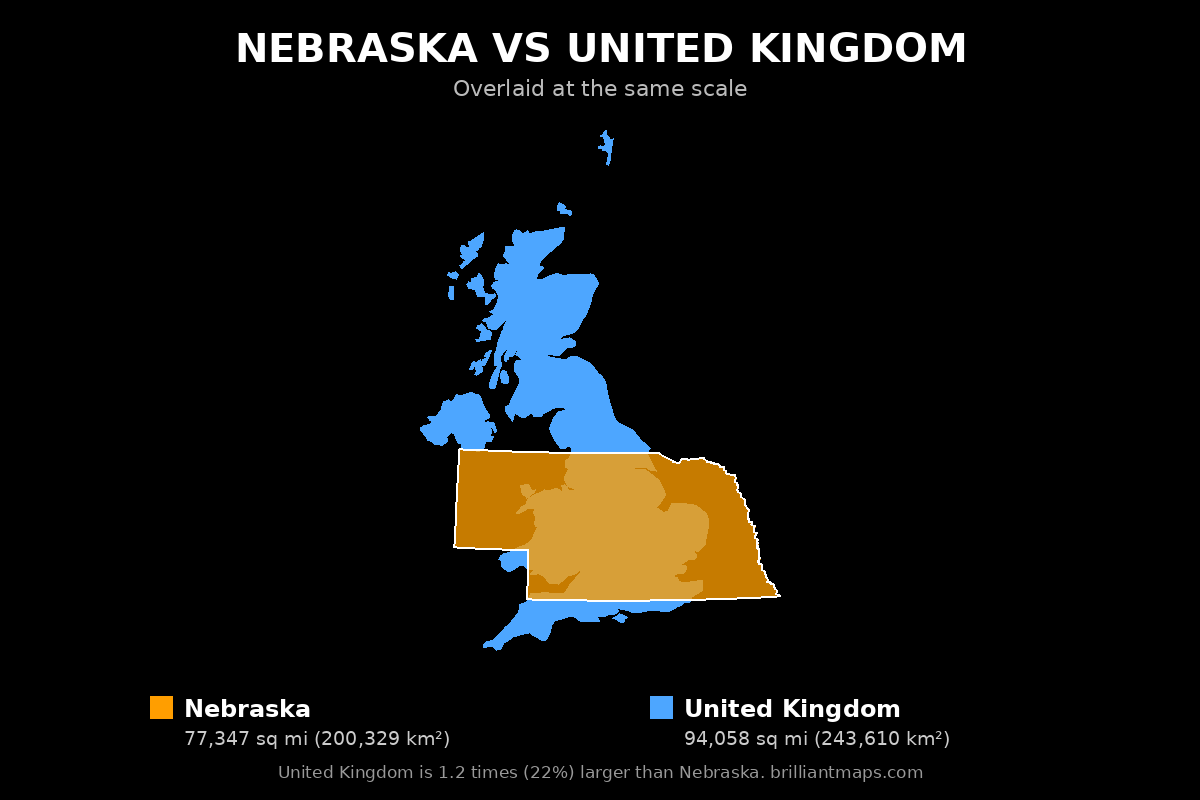 Nebraska vs United Kingdom Size Comparison Map