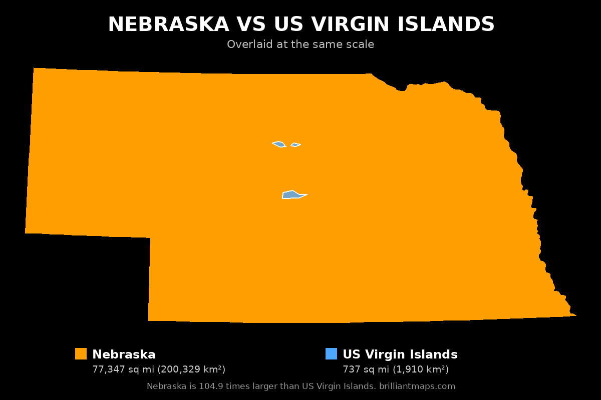 Nebraska vs US Virgin Islands Size Comparison Map