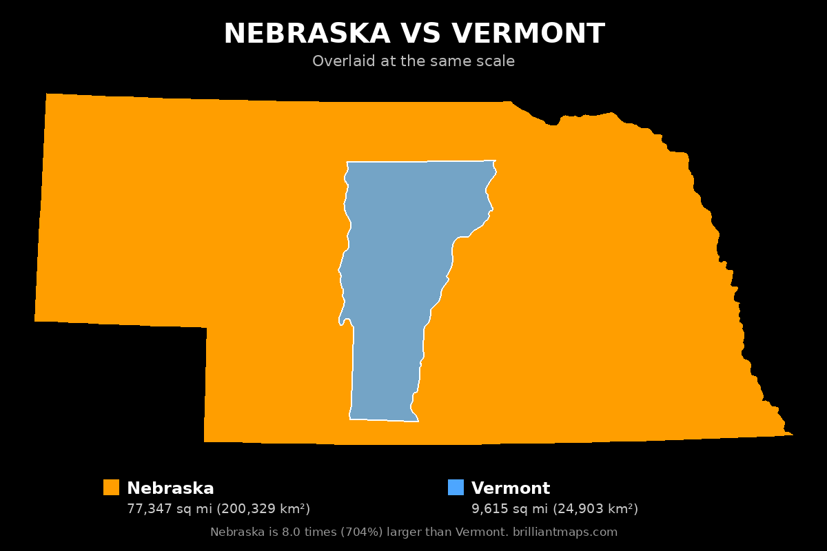 Nebraska vs Vermont Size Comparison Map