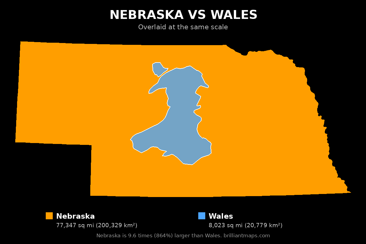 Nebraska vs Wales Size Comparison Map