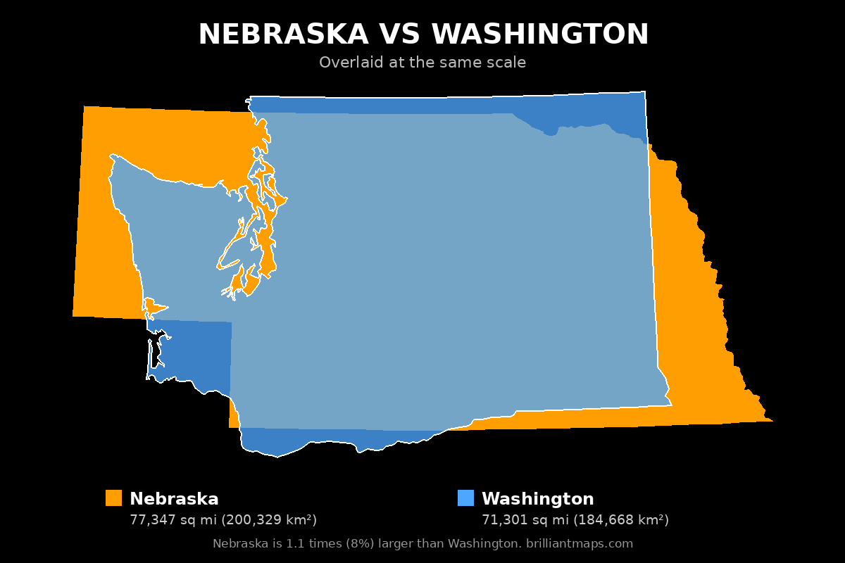 Nebraska vs Washington Size Comparison Map