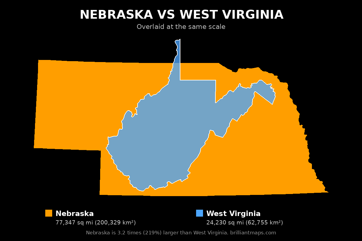 Nebraska vs West Virginia Size Comparison Map