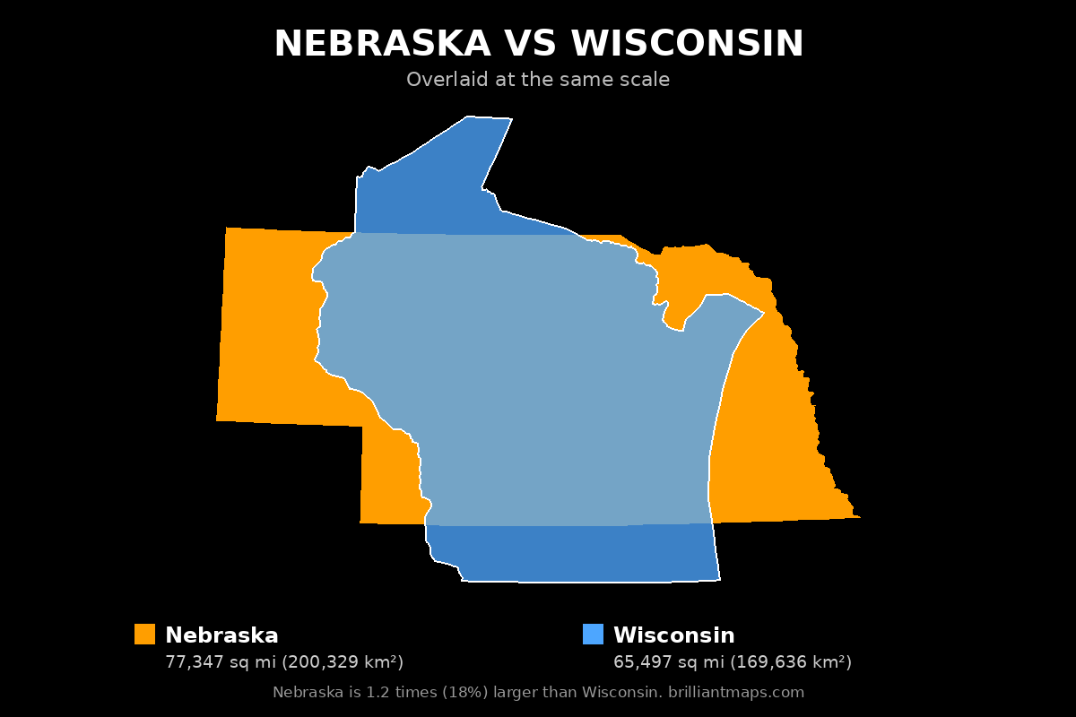 Nebraska vs Wisconsin Size Comparison Map
