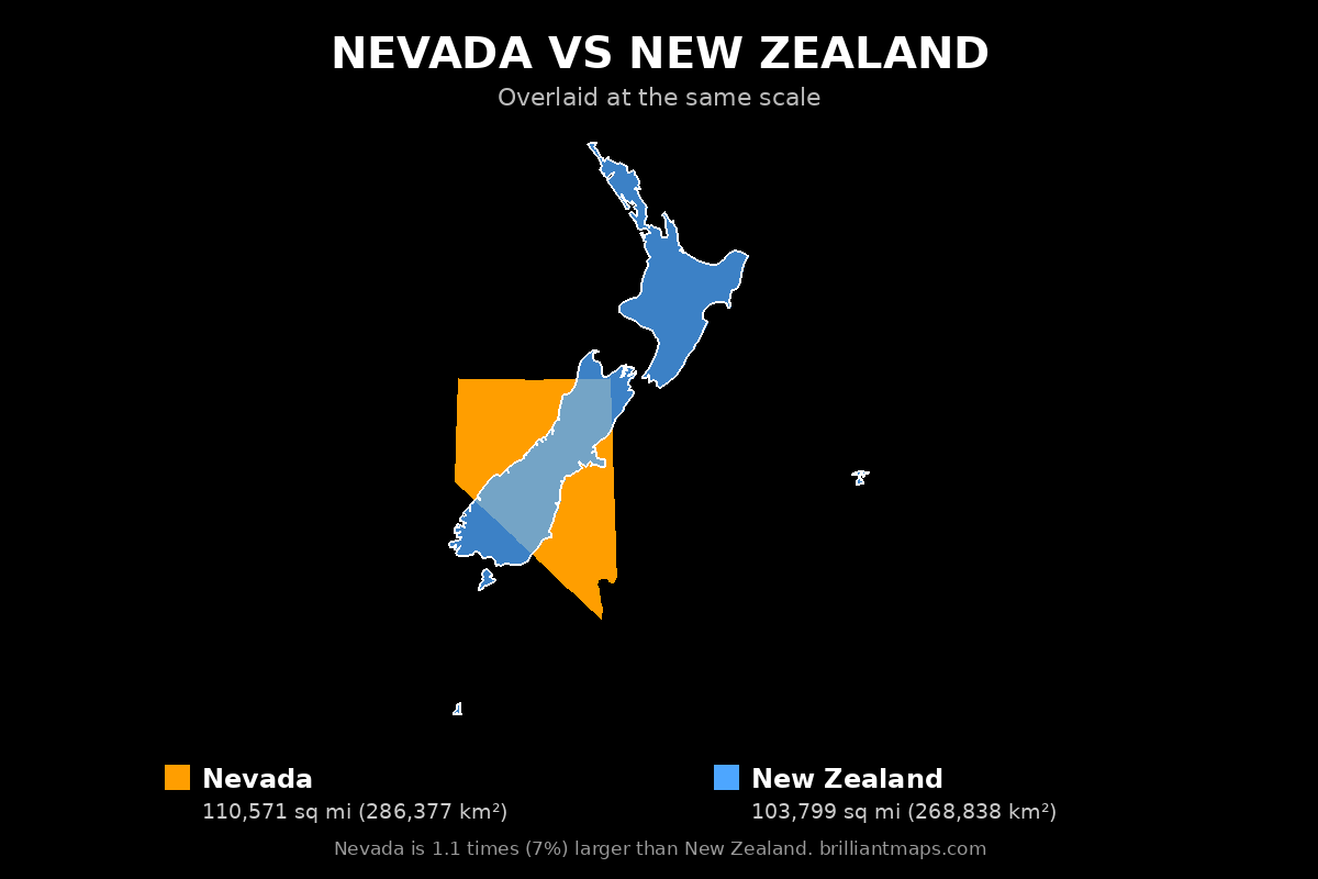 Nevada vs New Zealand Size Comparison Map