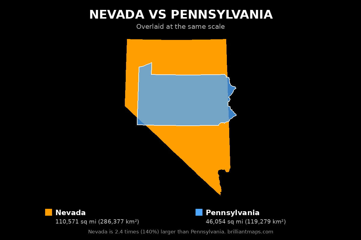 Nevada vs Pennsylvania Size Comparison Map