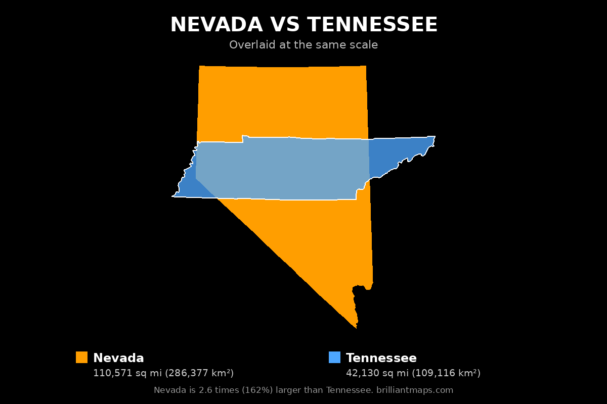 Nevada vs Tennessee Size Comparison Map