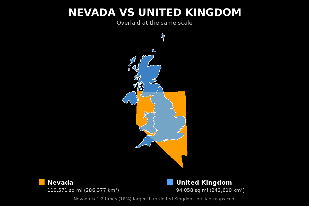 Nevada vs United Kingdom Size Comparison Map