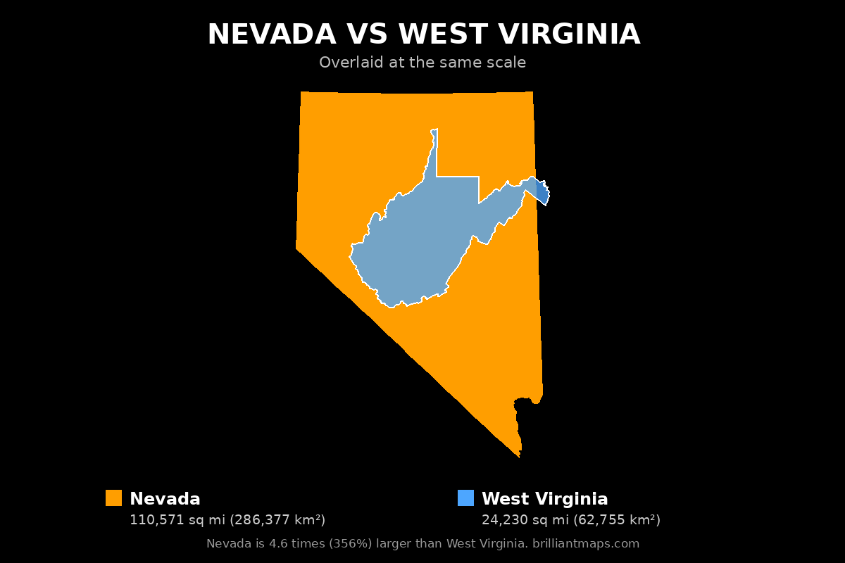 Nevada vs West Virginia Size Comparison Map