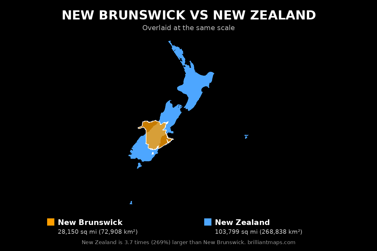New Brunswick vs New Zealand Size Comparison Map