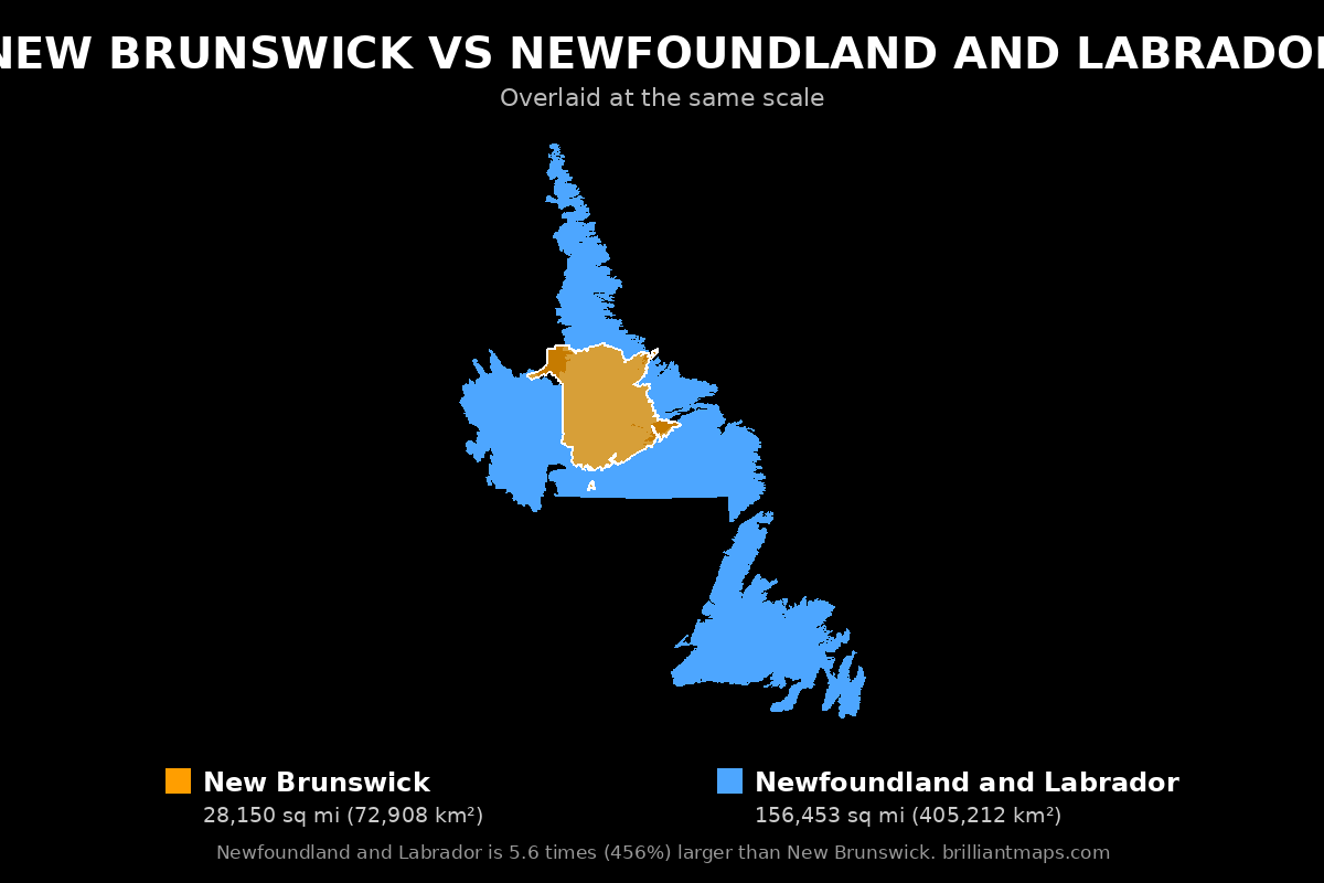 New Brunswick vs Newfoundland and Labrador Size Comparison Map