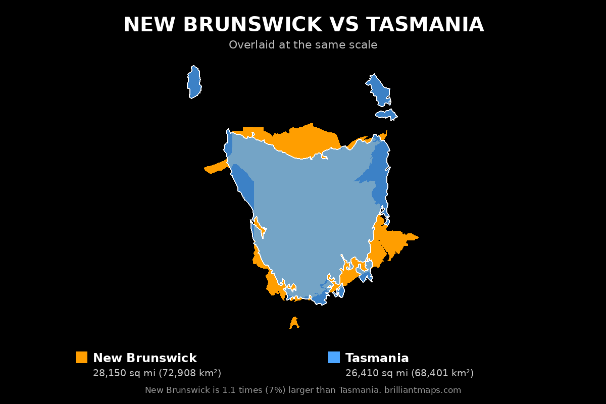 New Brunswick vs Tasmania Size Comparison Map