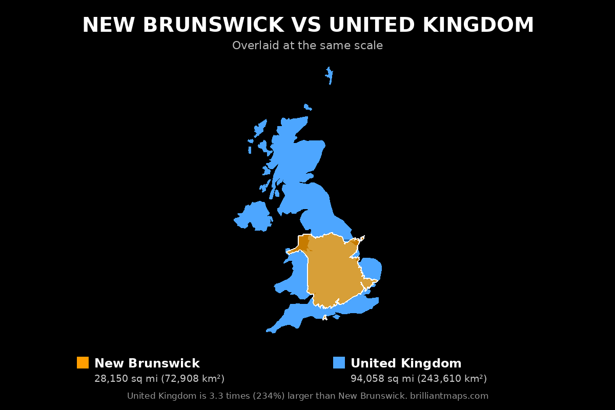 New Brunswick vs United Kingdom Size Comparison Map