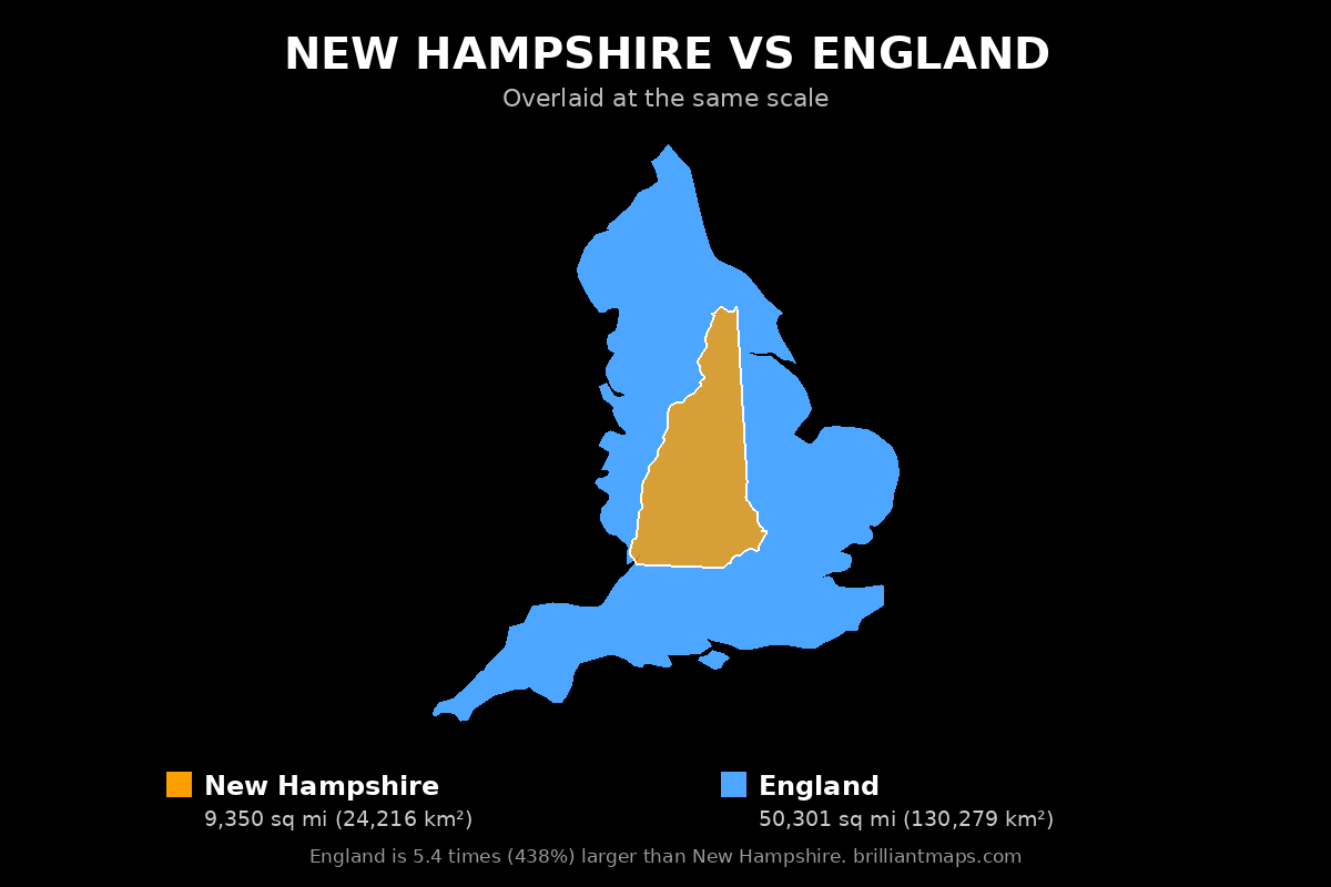 New Hampshire vs England Size Comparison Map
