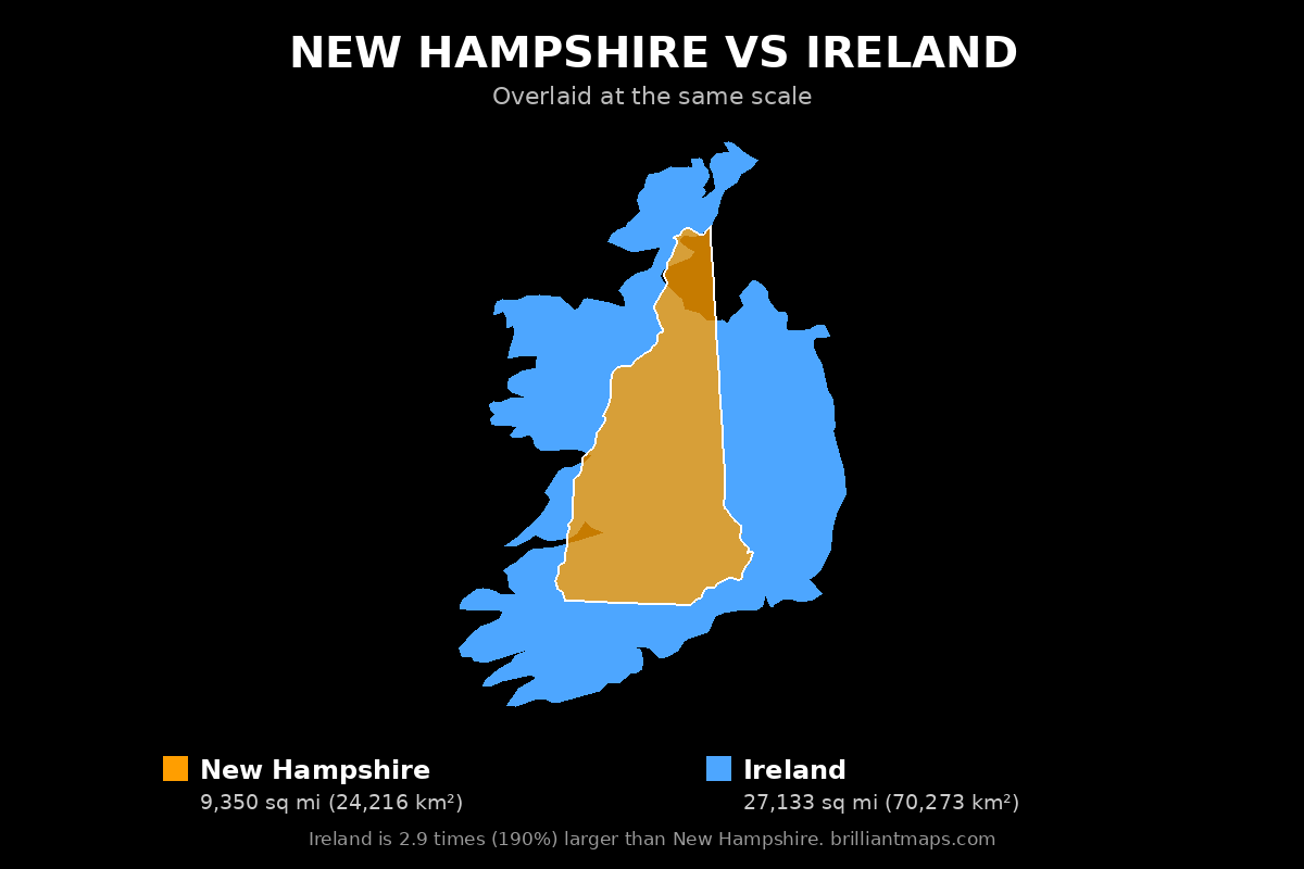 New Hampshire vs Ireland Size Comparison Map