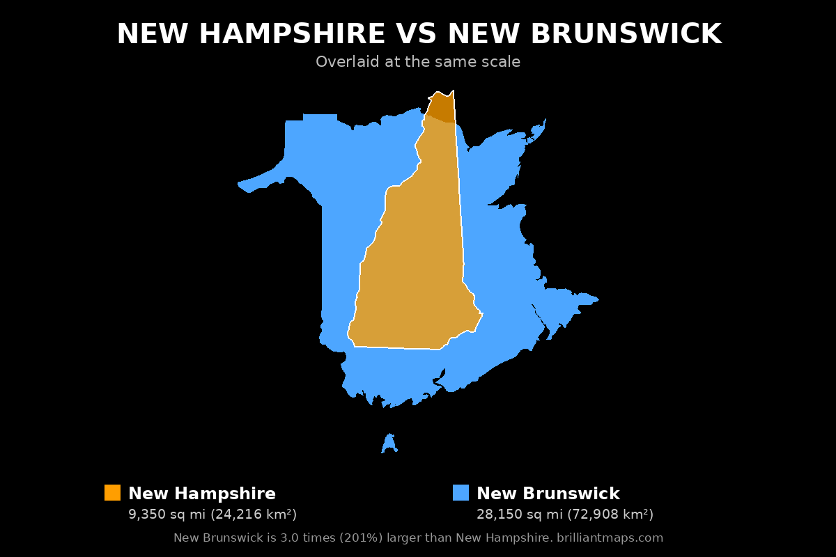 New Hampshire vs New Brunswick Size Comparison Map
