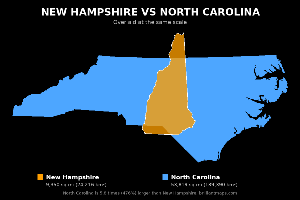 New Hampshire vs North Carolina Size Comparison Map