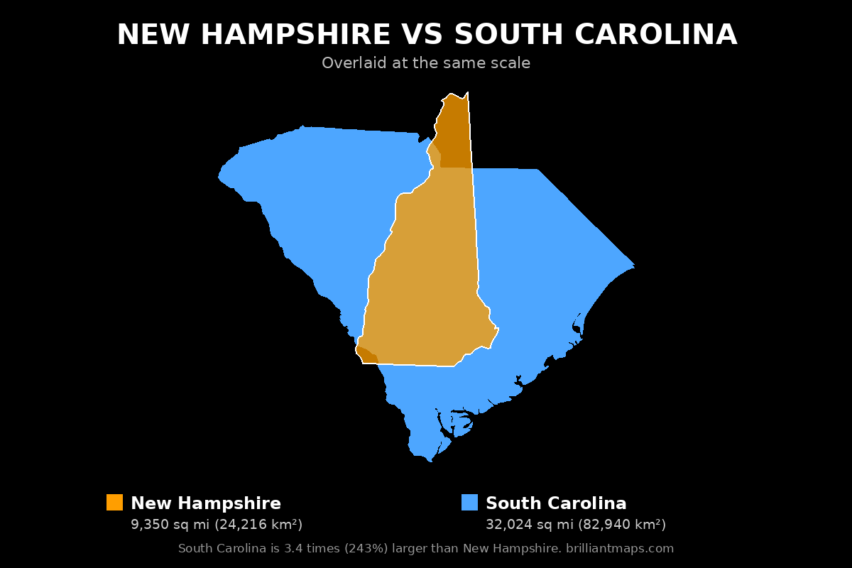 New Hampshire vs South Carolina Size Comparison Map
