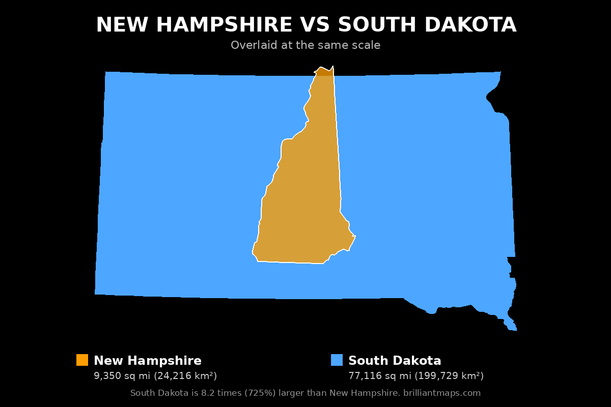 New Hampshire vs South Dakota Size Comparison Map